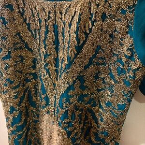 Elegant Teal and Gold Embroidered Dress. 3 pieces set. Salwar , Kameez and dupat